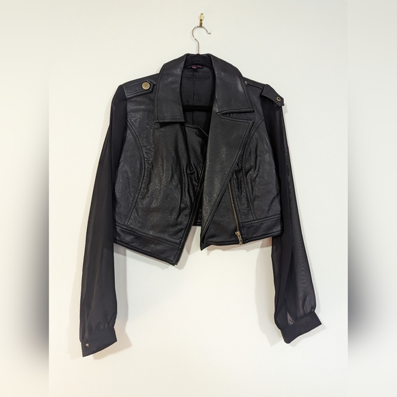 Material Girl Cropped Leather Jacket with Sheer Sleeves s: L - Picture 10 of 10